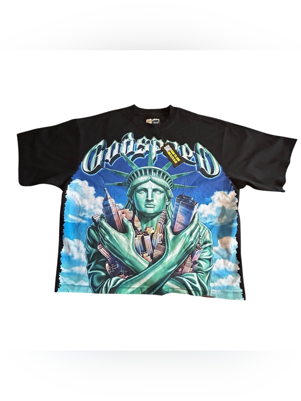 Godspeed Black Short Sleeve Graphic Tee with Blue & Green Statue Design